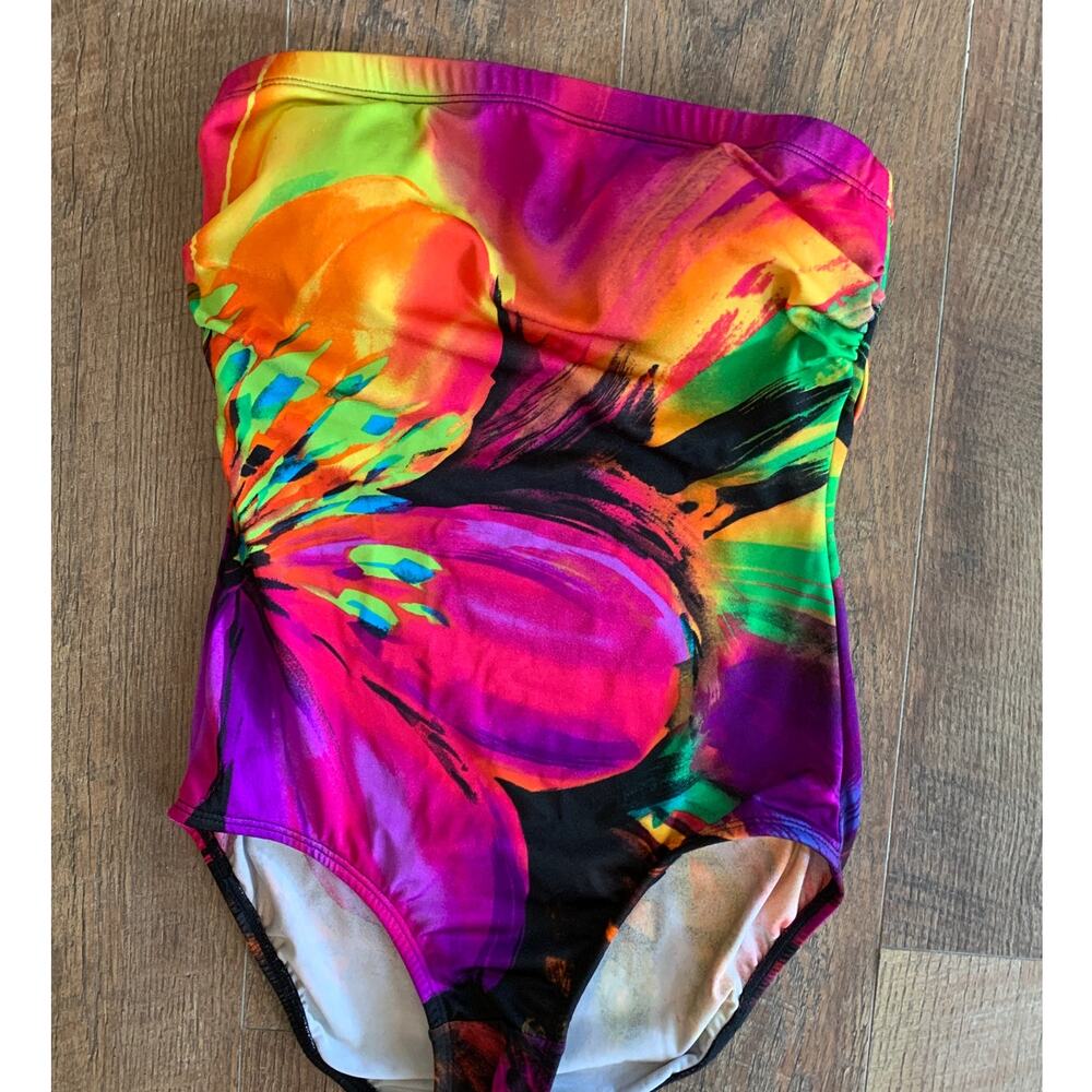 LONGITUDE SWIMSUIT ONE PC BOLD FLORAL ATTACH HALTER STRAP SIZE 8 - Picture 3 of 7